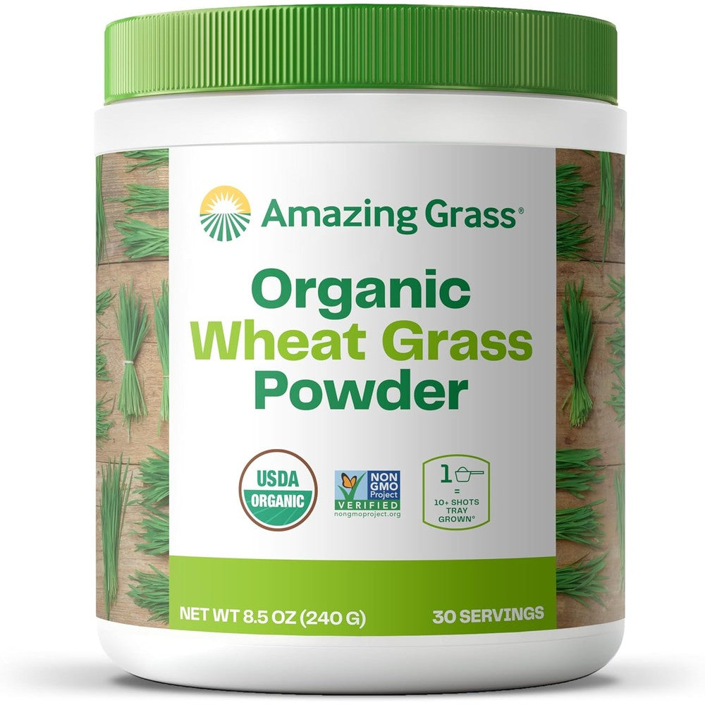 Amazing Grass Organic Wheat Grass Powder front view of container on a clean surface for daily green superfood nutrition.