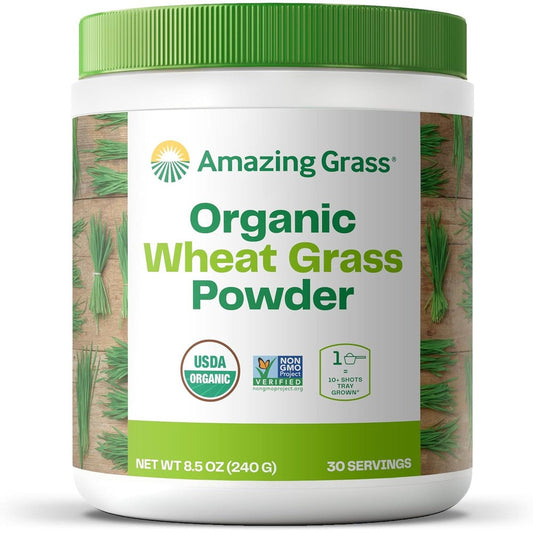 Amazing Grass Organic Wheat Grass Powder front view of container on a clean surface for daily green superfood nutrition.