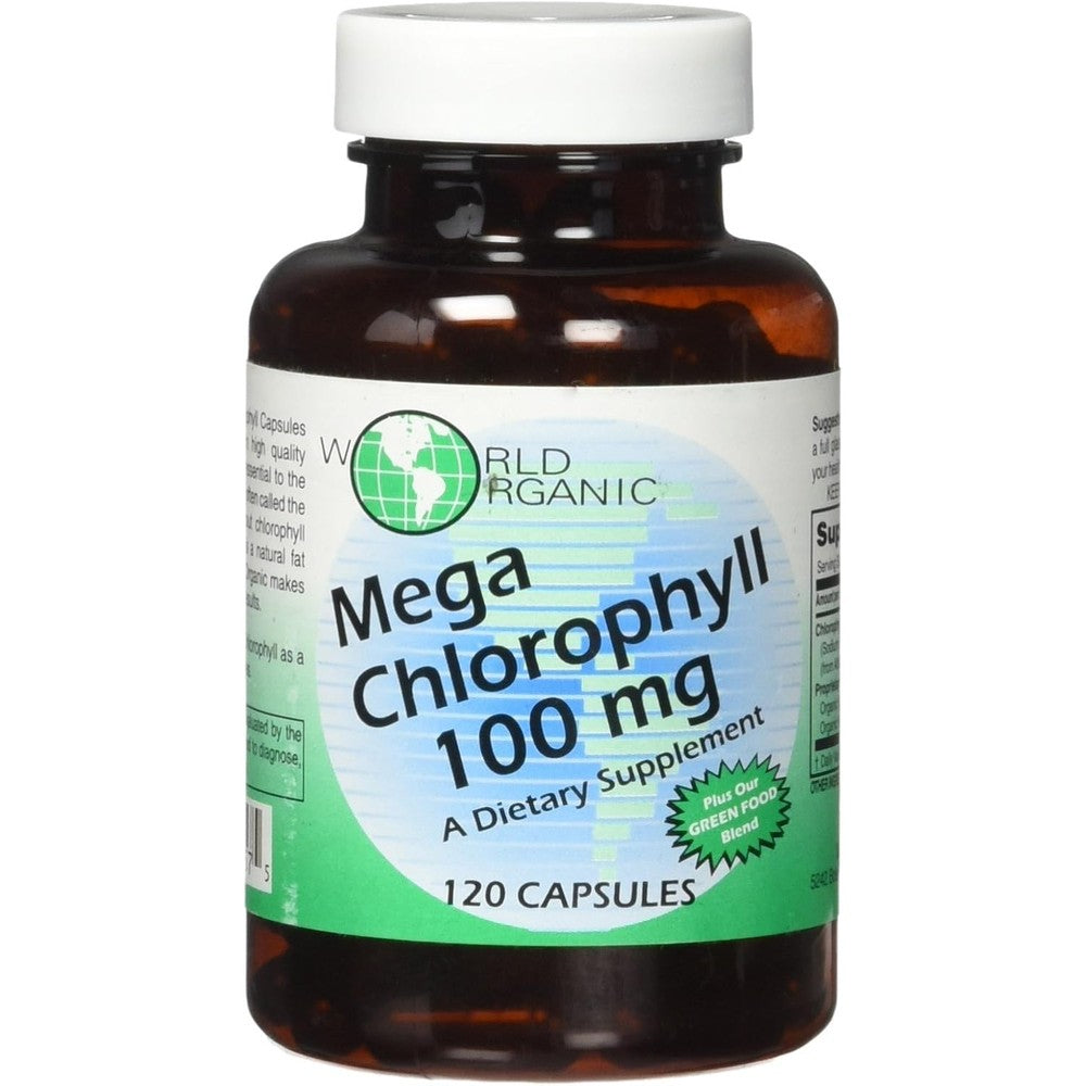 World Organic Mega Chlorophyll 100mg 120 Capsules front view bottle showing green food blend details for antioxidant support.