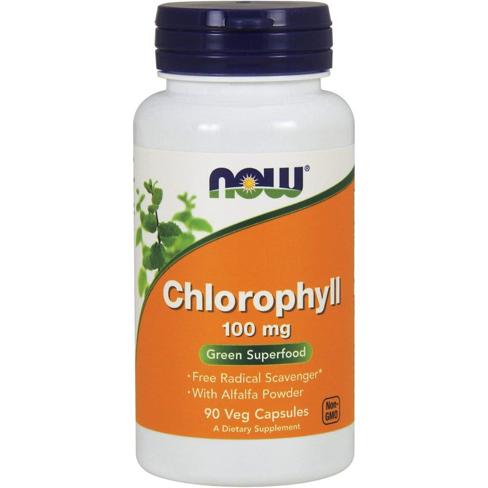 NOW Foods Chlorophyll 100 Milligrams 90 Vegetable Capsules front bottle view for daily internal deodorization.
