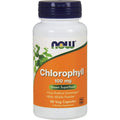 NOW Foods Chlorophyll 100 Milligrams 90 Vegetable Capsules front bottle view for daily internal deodorization.
