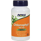 NOW Foods Chlorophyll 100 Milligrams 90 Vegetable Capsules front bottle view for daily internal deodorization.