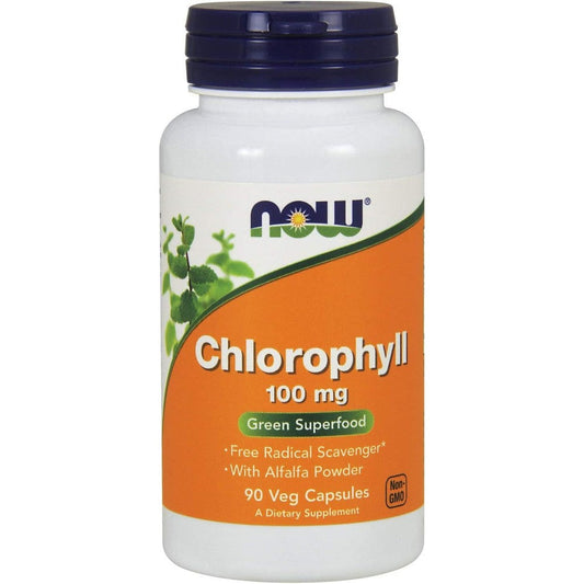 NOW Foods Chlorophyll 100 Milligrams 90 Vegetable Capsules front bottle view for daily internal deodorization.
