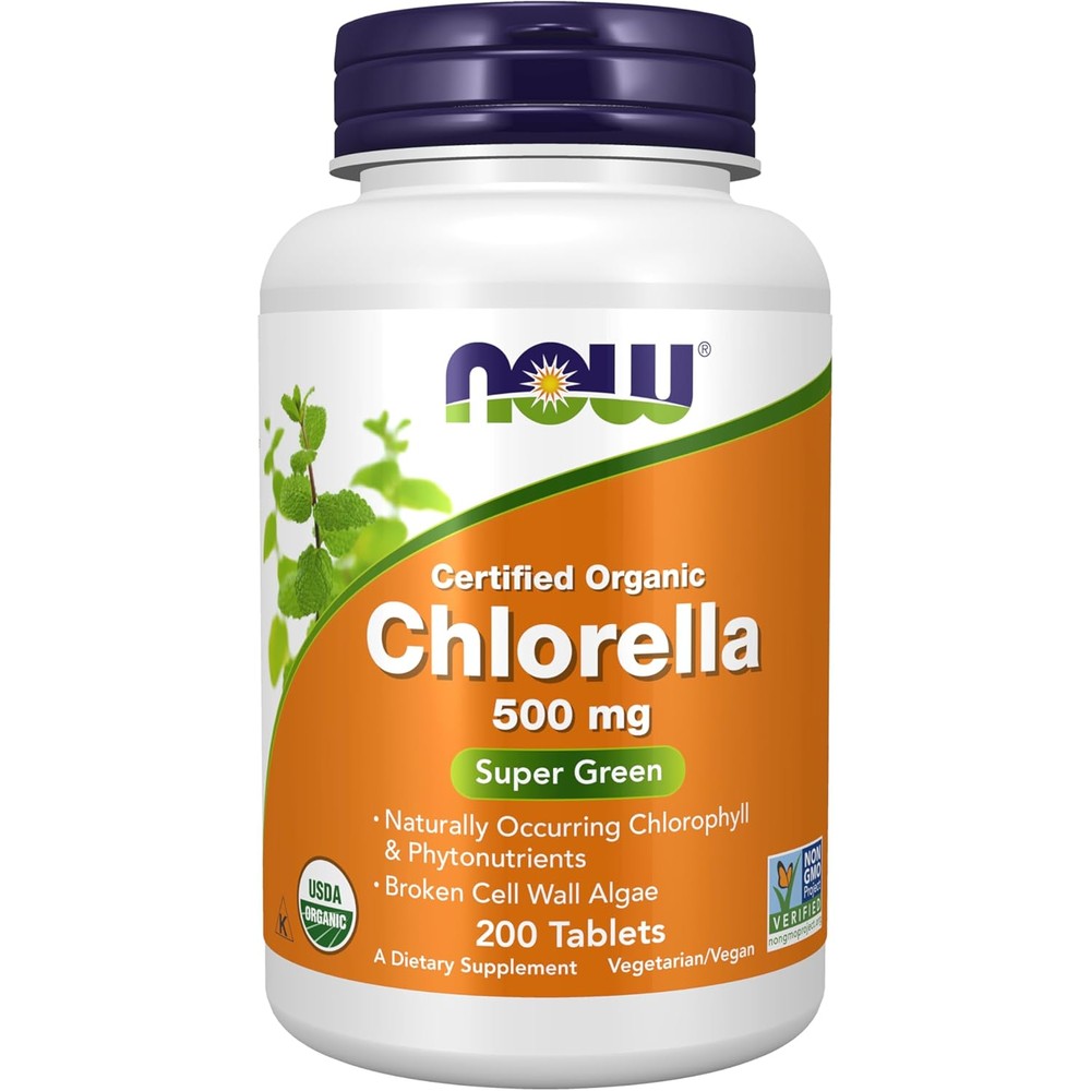 NOW Foods Certified Organic Chlorella 500 mg 200 Tablets front view green superfood supplement