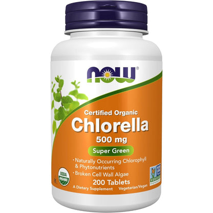 NOW Foods Certified Organic Chlorella 500 mg 200 Tablets front view green superfood supplement