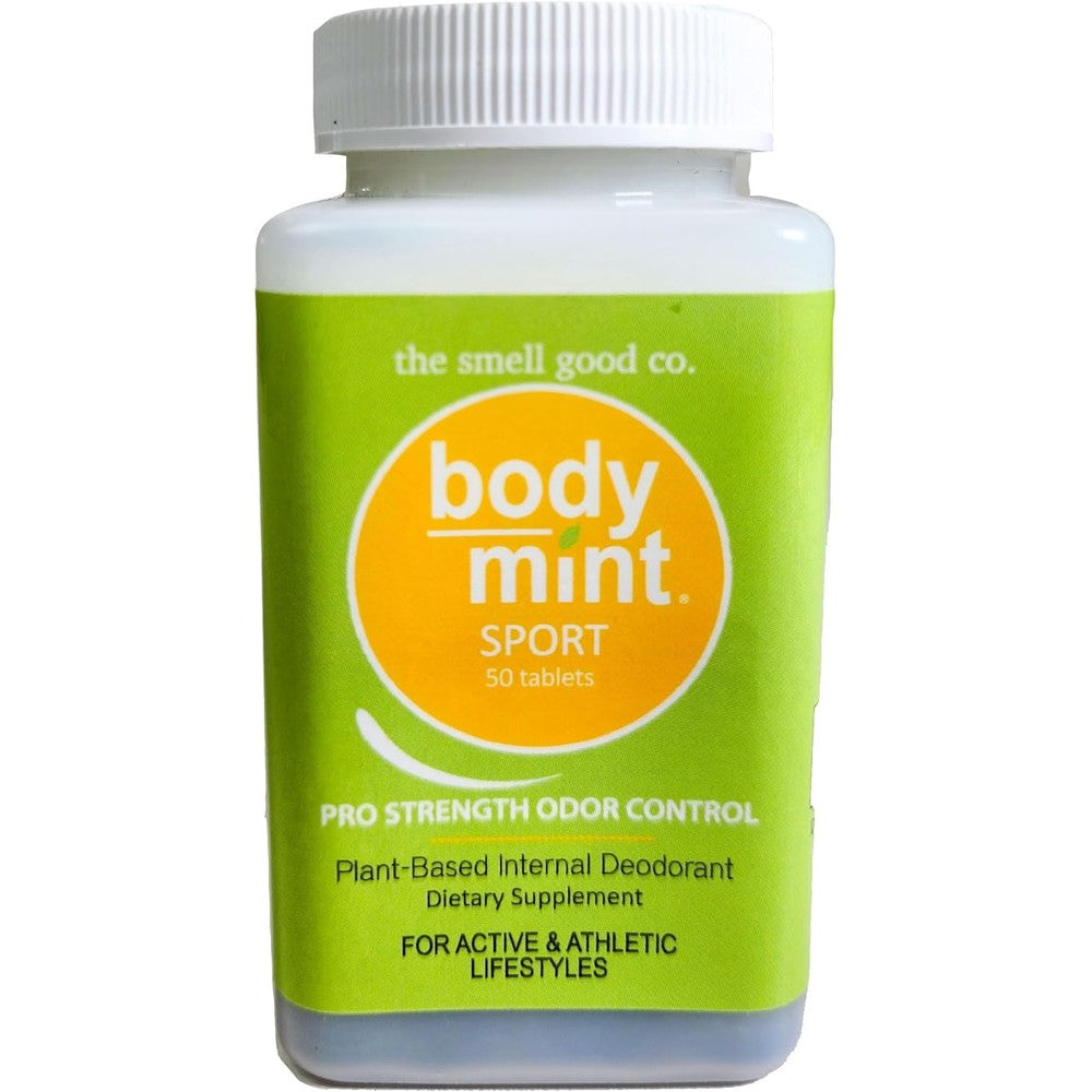 Body Mint Sport extra strength chlorophyll deodorizing supplement front view bottle for natural body odor control
