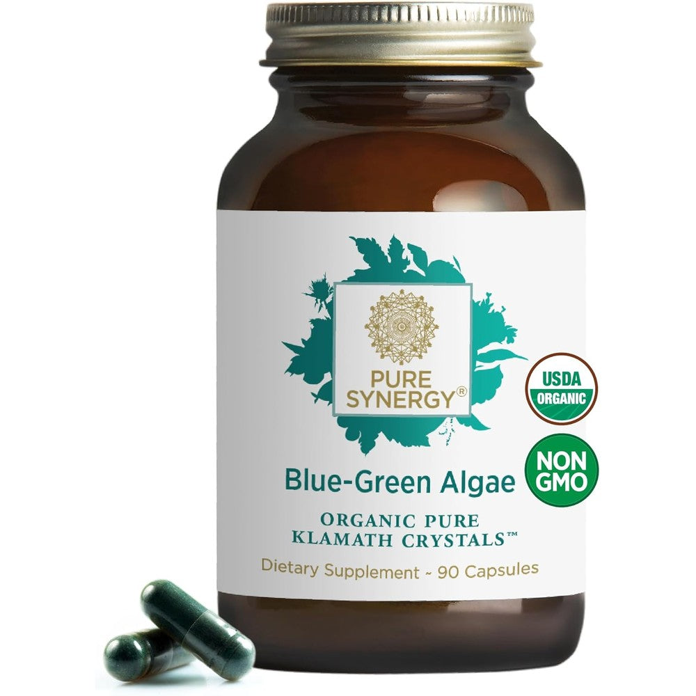 Pure Synergy Organic Blue Green Algae Capsules front view showing the supplement bottle for energy support.