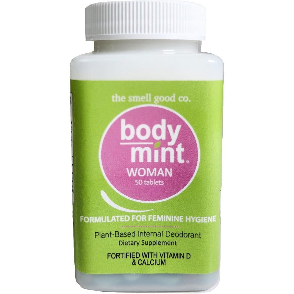Body Mint Woman Chlorophyll Deodorizing supplement bottle front view showing fifty tablets text