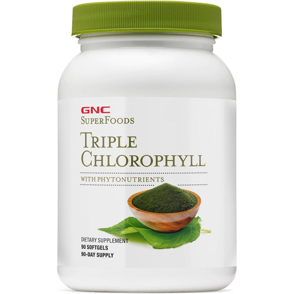GNC Superfoods Triple Chlorophyll 90 softgels front bottle view showing dietary supplement packaging.