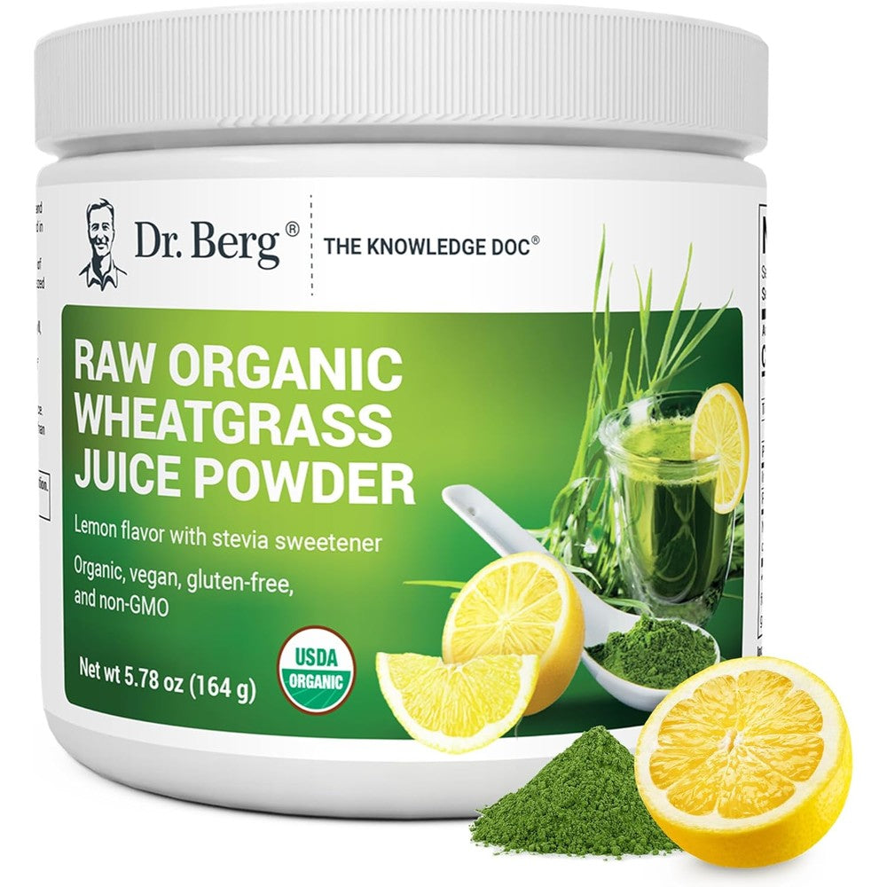 Dr. Berg Nutritionals Organic Raw Wheatgrass Juice Powder front view of 164 grams container jar