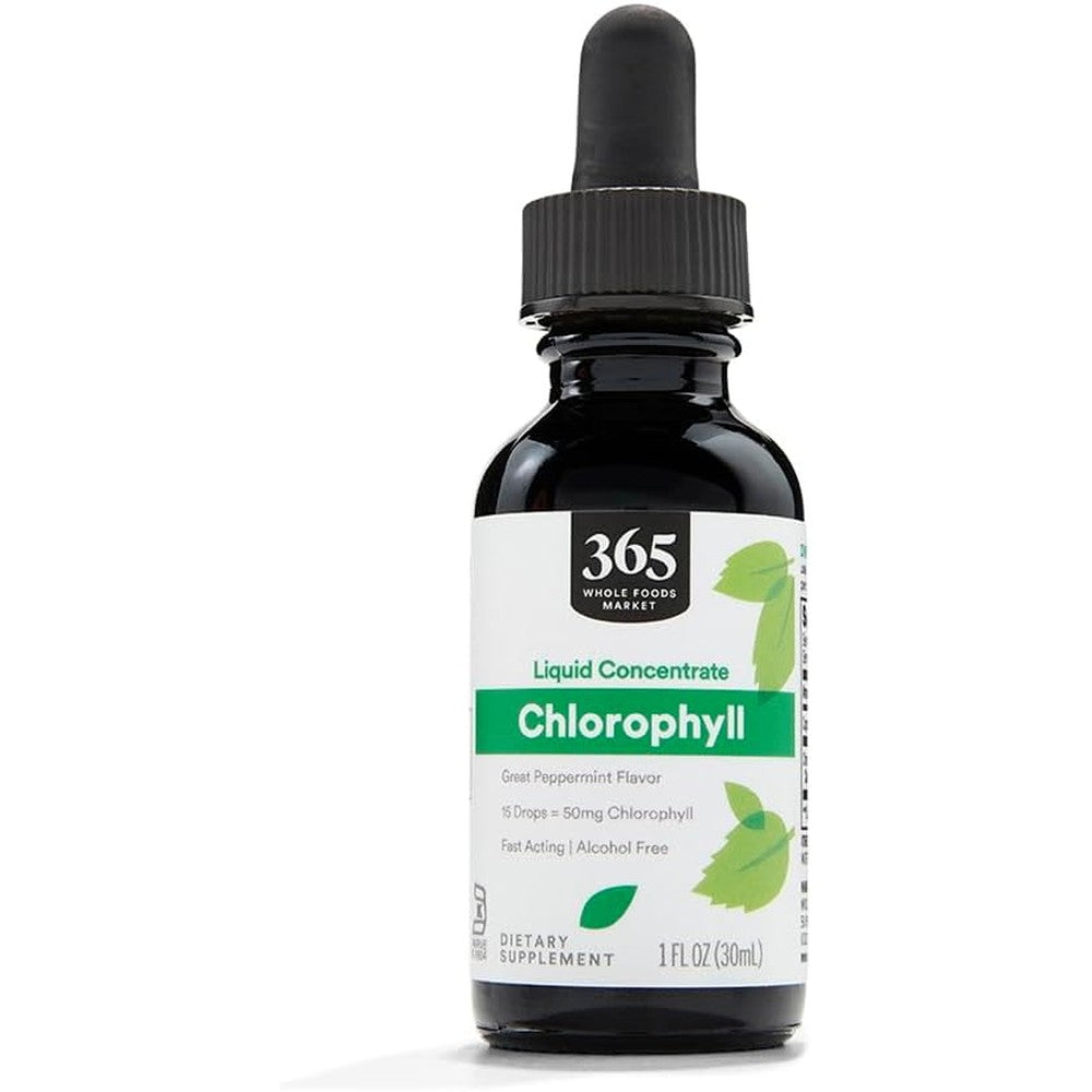 365 by Whole Foods Market Liquid Concentrate Chlorophyll Peppermint 30 Milliliters front view bottle for natural internal deodorant.