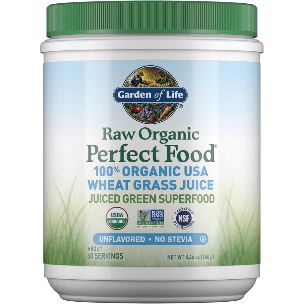 Garden of Life Raw Organic Perfect Food Wheat Grass Juice Powder 240 Grams jar front view