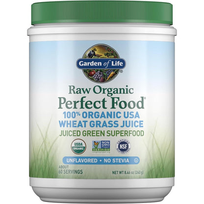 Garden of Life Raw Organic Perfect Food Wheat Grass Juice Powder 240 Grams jar front view