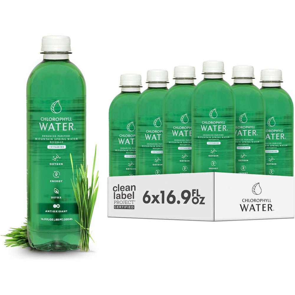 Chlorophyll Water liquid drops 6 pack front view of authentic imported wellness bottles.