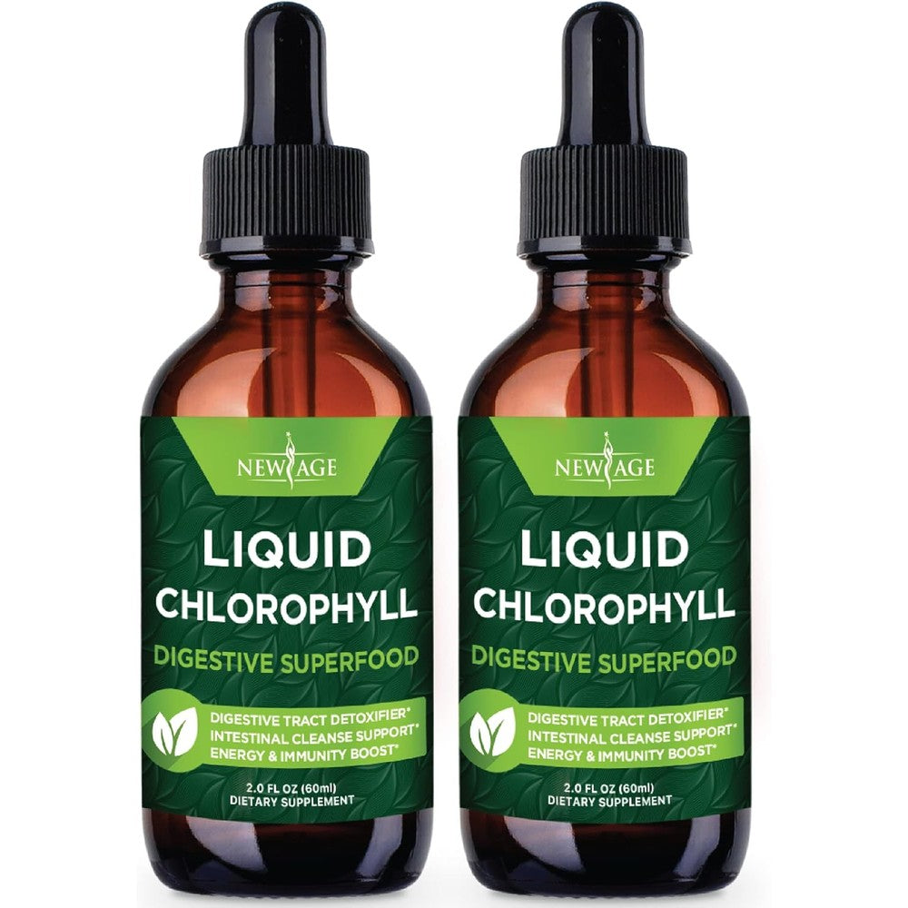 New Age Chlorophyll Liquid Drops twin pack front view showing the product packaging and main benefits.