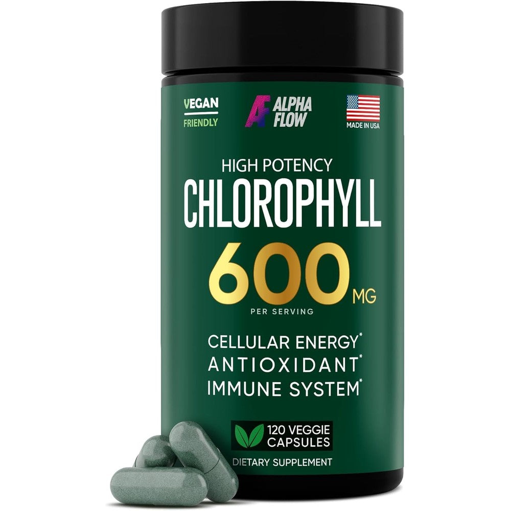 Alpha Flow Chlorophyll Capsules 600mg front view of bottle packaging
