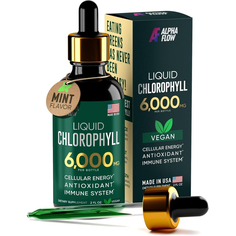 Alpha Flow Chlorophyll Liquid Drops 6000mg front view bottle for natural energy detox
