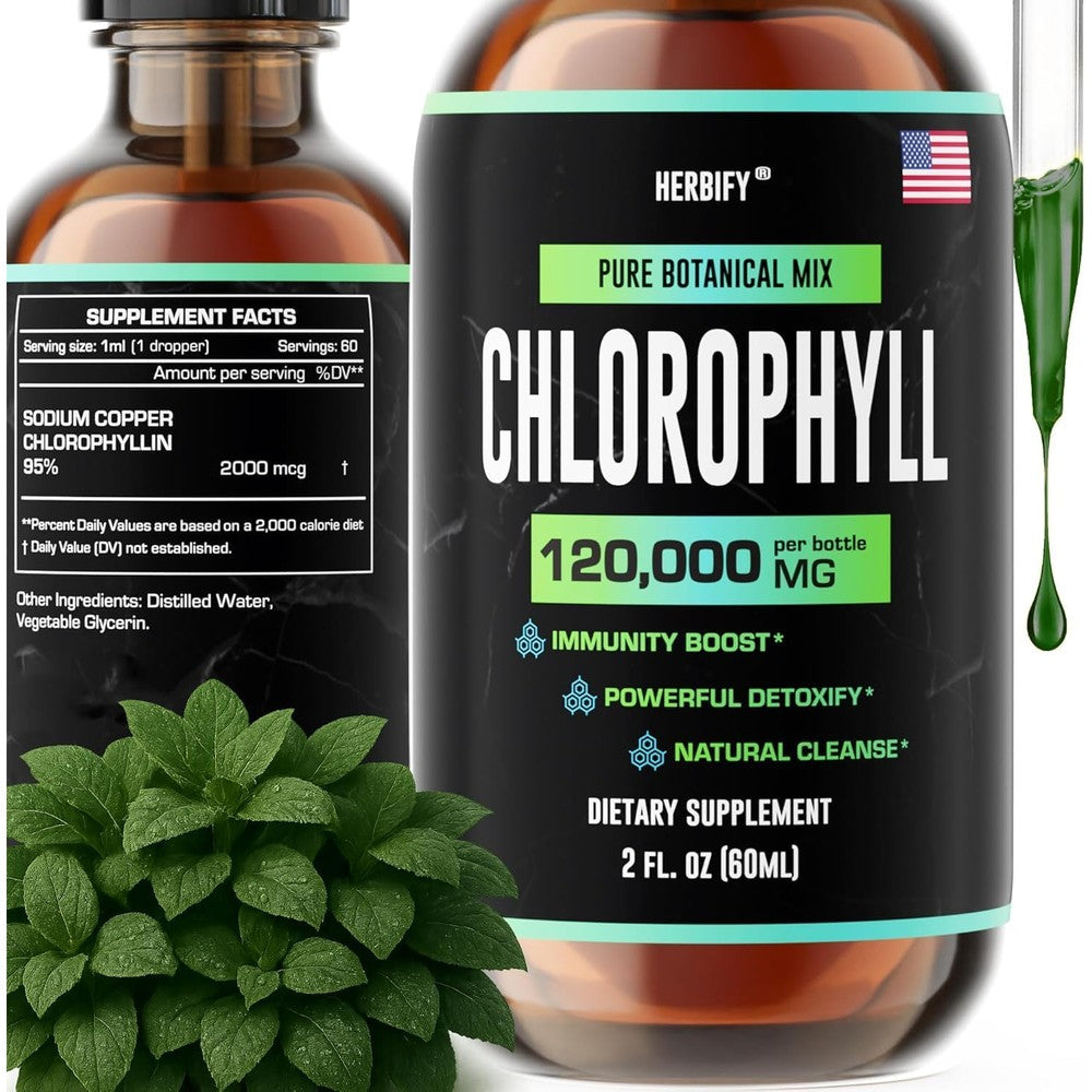 HERBIFY Chlorophyll Liquid Drops sixty milliliters front view bottle for natural energy and wellness support