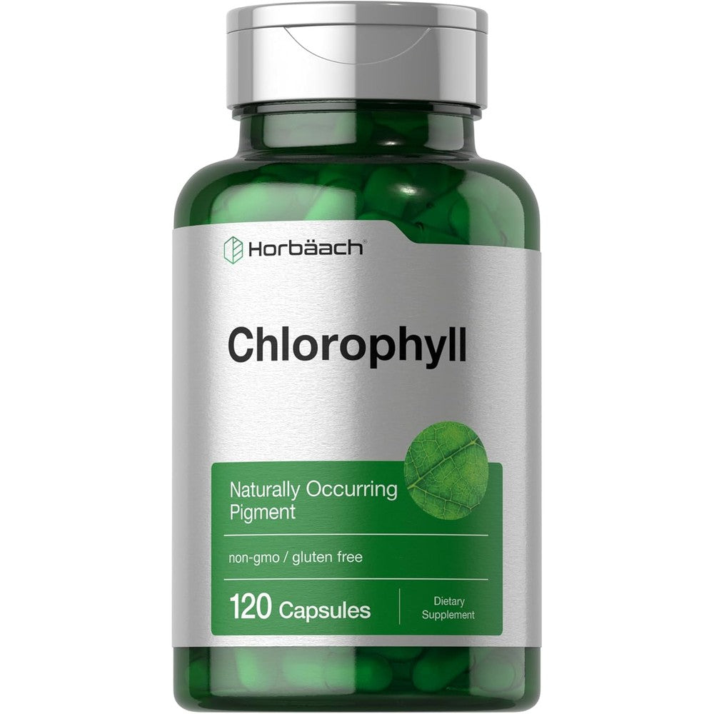 Horbaach Chlorophyll Capsules 120 Count front view bottle showing green herbal supplement packaging