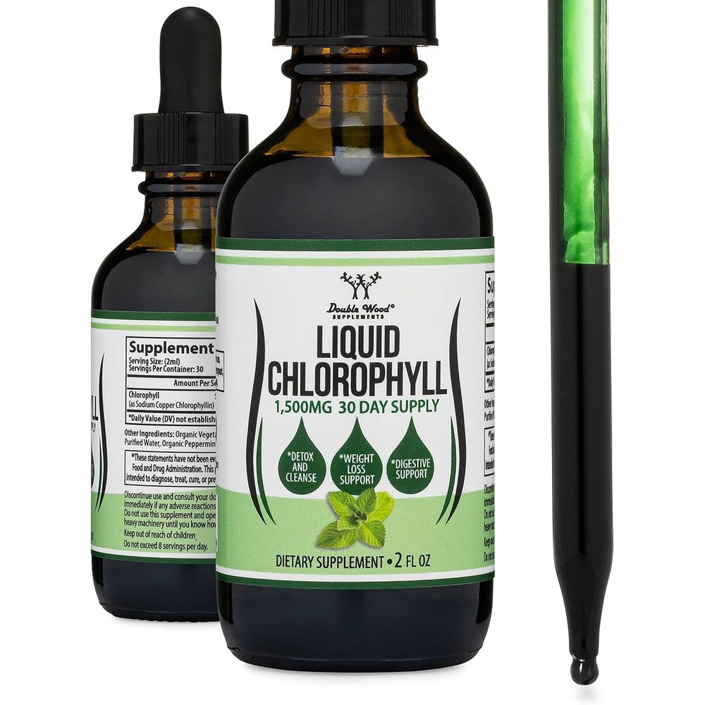 Double Wood Supplements Liquid Chlorophyll Drops front view for digestion and gut health