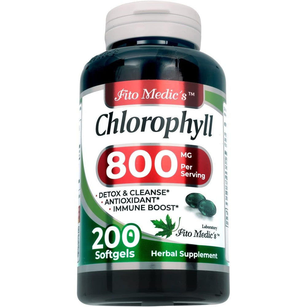 Fito Medic's Lab Chlorophyll Daily Supplement 200 Softgels bottle front view displaying the 800 mg dosage for internal cleansing.