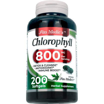 Fito Medic's Lab Chlorophyll Daily Supplement 200 Softgels bottle front view displaying the 800 mg dosage for internal cleansing.