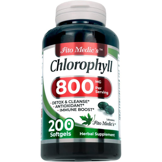 Fito Medic's Lab Chlorophyll Daily Supplement 200 Softgels bottle front view displaying the 800 mg dosage for internal cleansing.