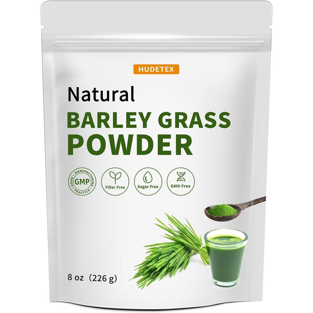 Hudetex barley grass juice powder front view packaging showing green superfood labels