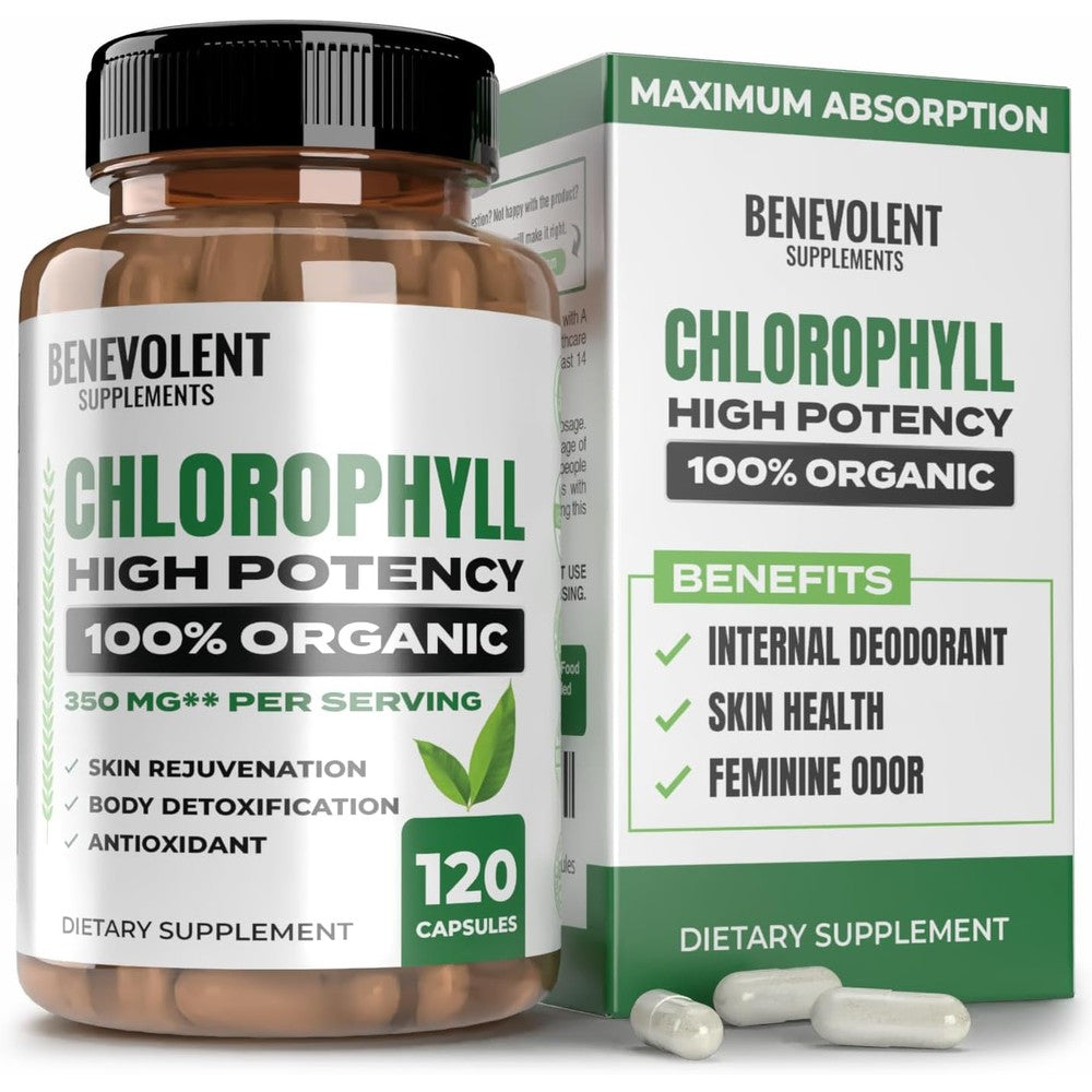 Benevolent Nourishment Chlorophyll Capsules 350mg front bottle view for natural internal deodorizing