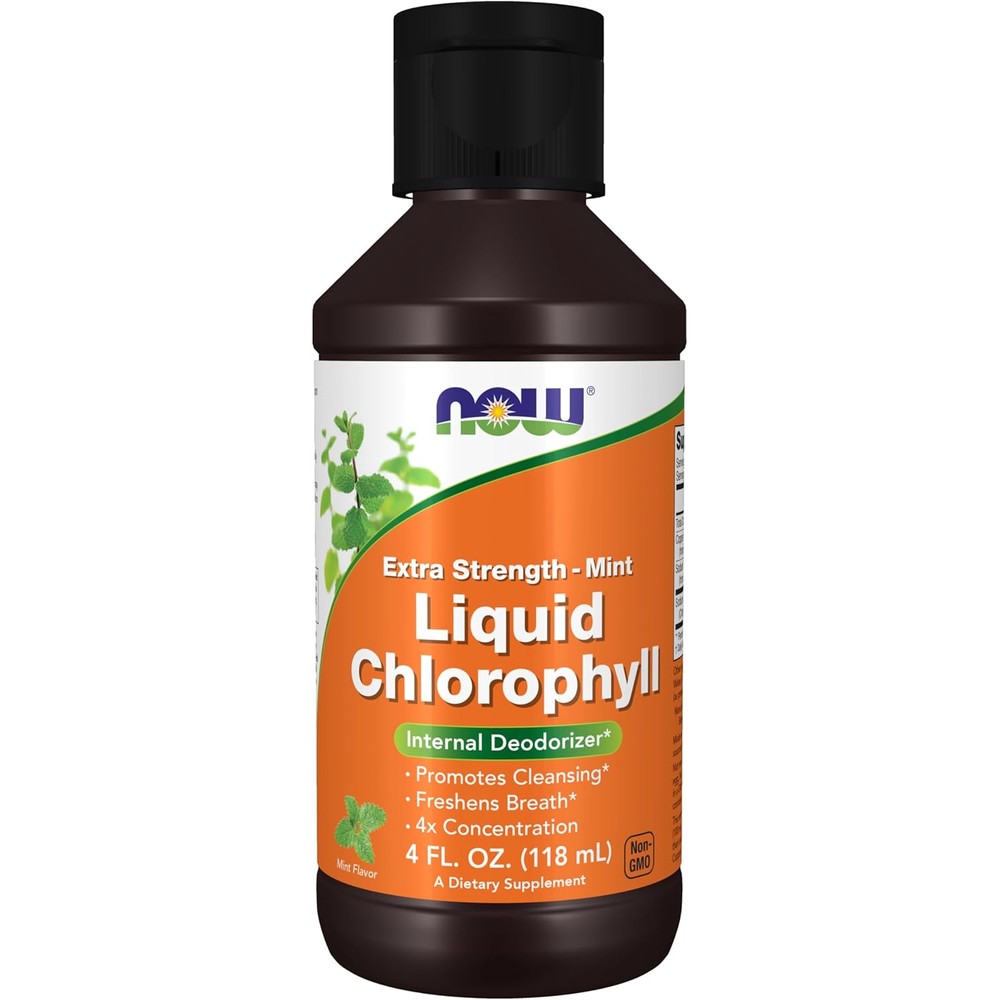 NOW Foods Extra Strength Liquid Chlorophyll Mint front view of bottle for internal deodorization.