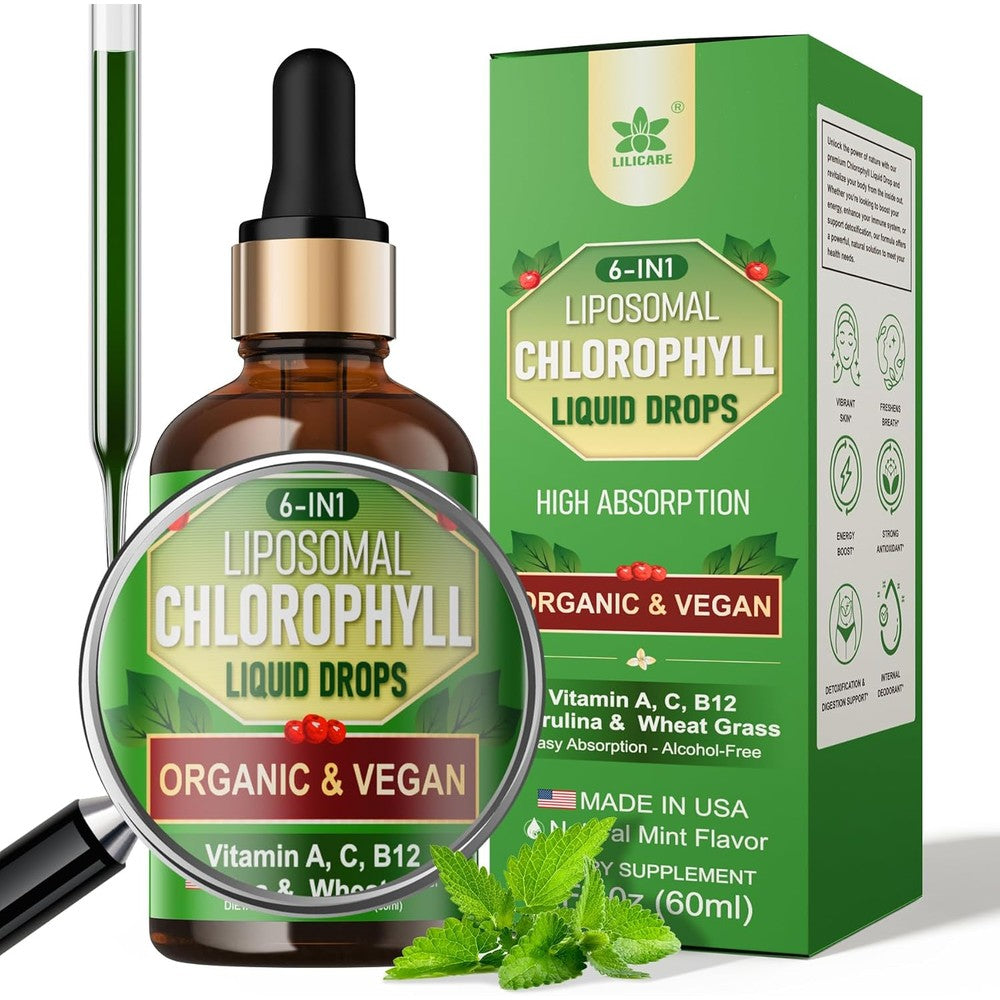 LILICARE Organic Chlorophyll Liquid Drops front view bottle for natural wellness.