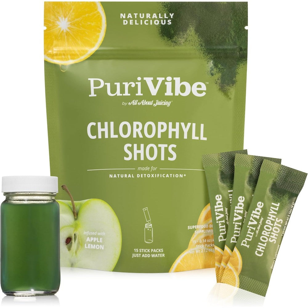 All About Juicing PuriVibe Chlorophyll Green Juice Shots front view packaging for natural detoxification