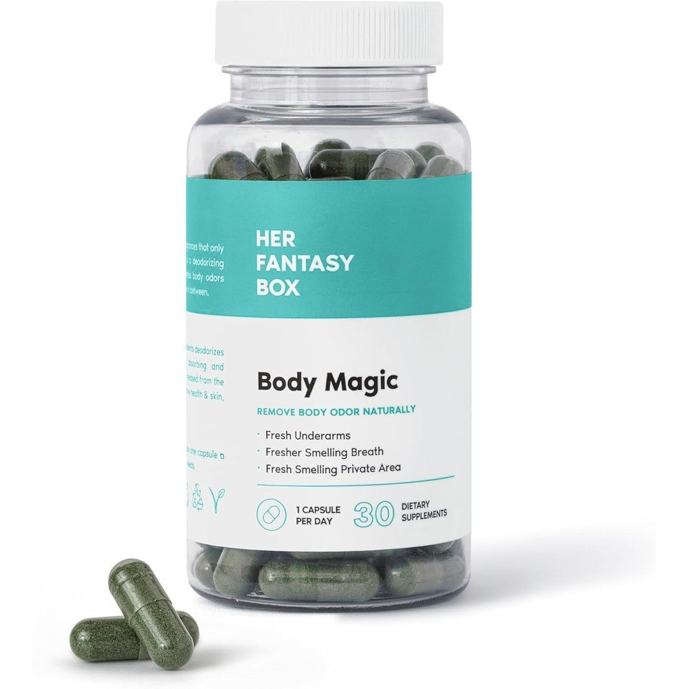 Her Fantasy Box Body Magic Chlorophyll Capsules front view bottle for natural internal odor control