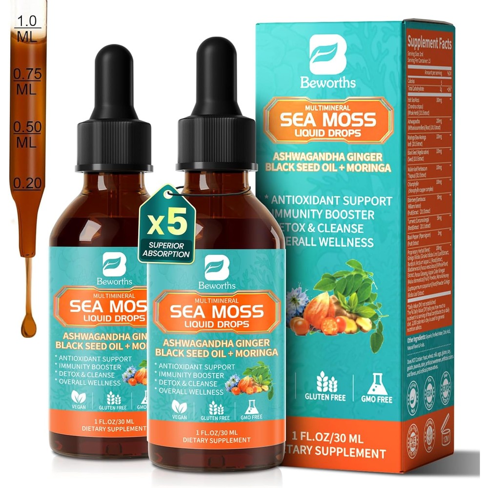 B Beworths Sea Moss Chlorophyll Drops front view of twin pack bottles for premium immune support.