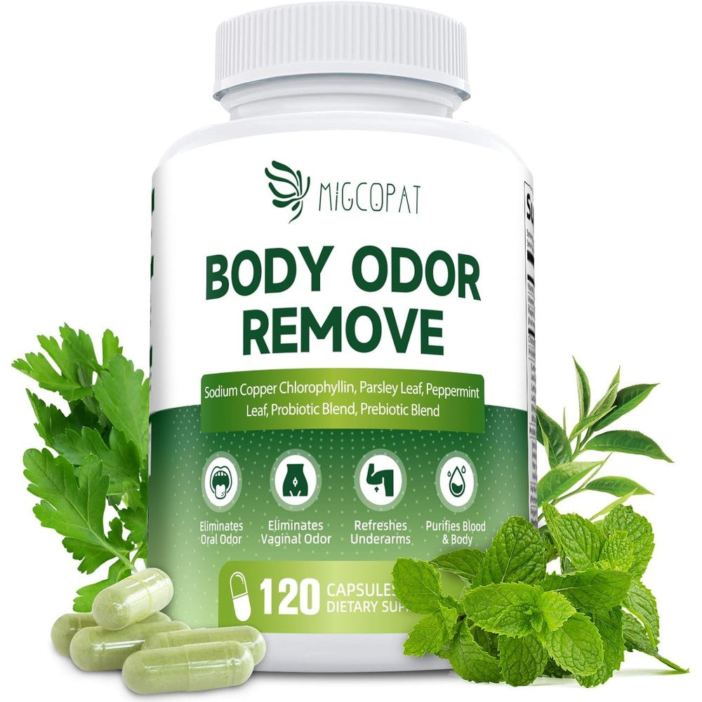 Migcopat Chlorophyll Body Deodorizing Supplement 120 capsules front view bottle showing internal deodorant label