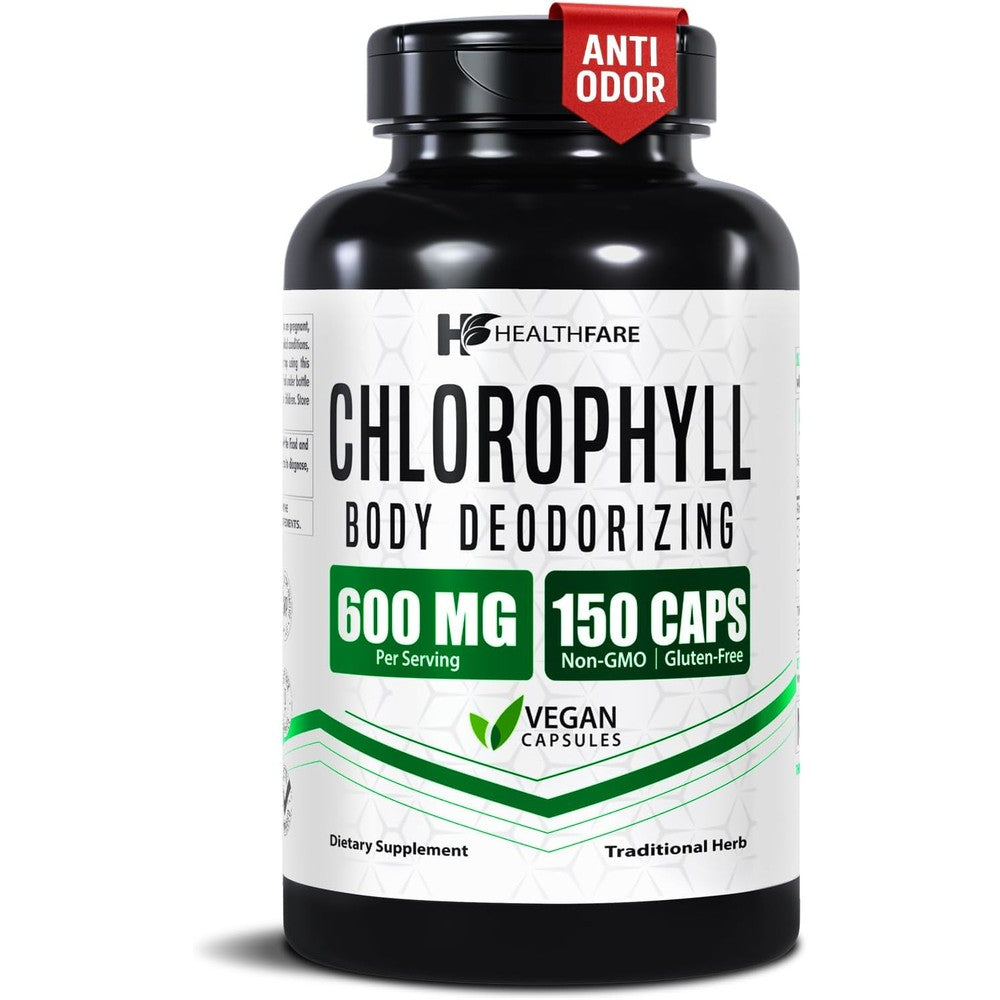 Healthfare Chlorophyll Capsules 600mg front view bottle packaging showing 150 vegan pills