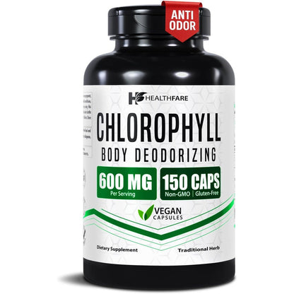 Healthfare Chlorophyll Capsules 600mg front view bottle packaging showing 150 vegan pills