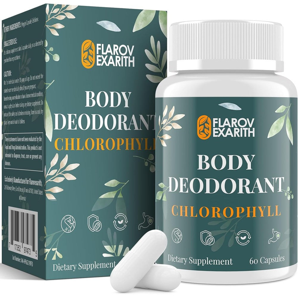Flarovexarith Chlorophyll Capsules 60 count front bottle view for natural internal body odor control