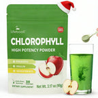 Lifebooil Chlorophyll Powder front view of crisp apple flavor packaging for gut health supplement.