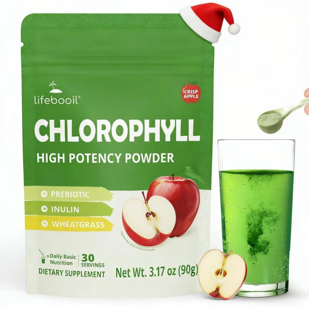 Lifebooil Chlorophyll Powder front view of crisp apple flavor packaging for gut health supplement.