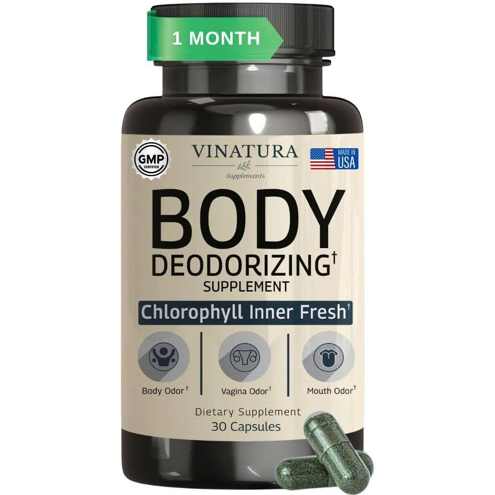 VINATURA Body Deodorizing Supplement bottle front view showcasing chlorophyll internal deodorant capsules.
