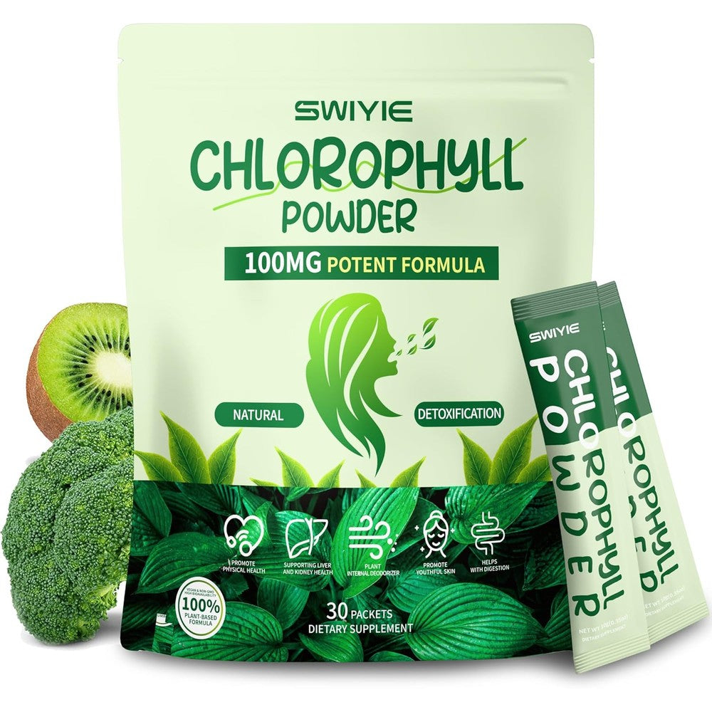 Swiyie Chlorophyll Powder 100mg front view pouch for natural internal detox supplement