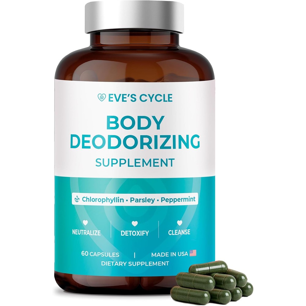Eve's Cycle Internal Body Deodorant 60 capsules front view showing premium natural supplement packaging.