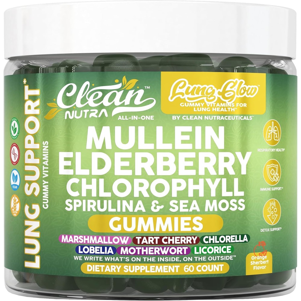Clean Nutraceuticals Mullein Gummies 60 count front bottle view for respiratory wellness