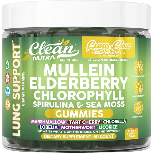 Clean Nutraceuticals Mullein Gummies 60 count front bottle view for respiratory wellness