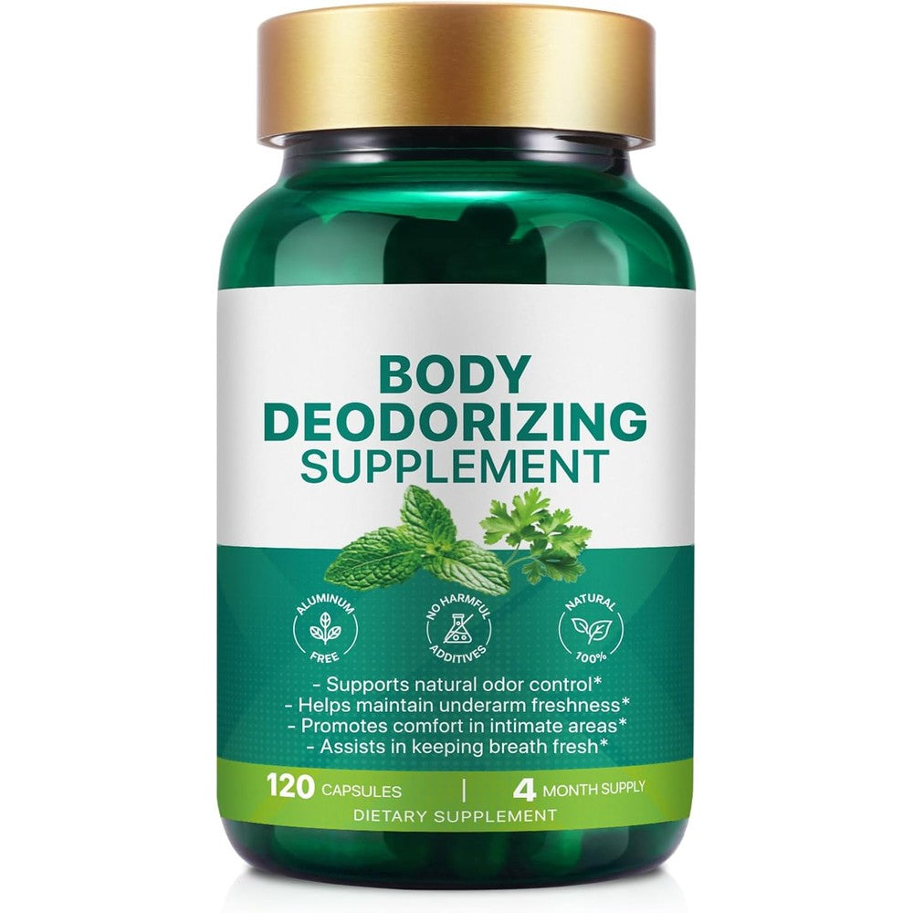 QAJCCXM Aebefbaw Internal Body Deodorizing Chlorophyll Supplement front view bottle of one hundred twenty capsules
