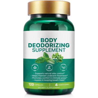 QAJCCXM Aebefbaw Internal Body Deodorizing Chlorophyll Supplement front view bottle of one hundred twenty capsules