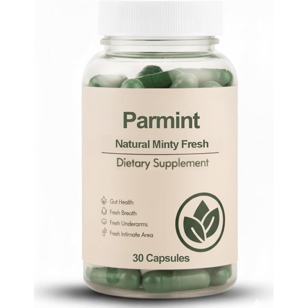 Parmint Natural Internal Body Deodorant front view bottle of 30 capsules for full body freshness.