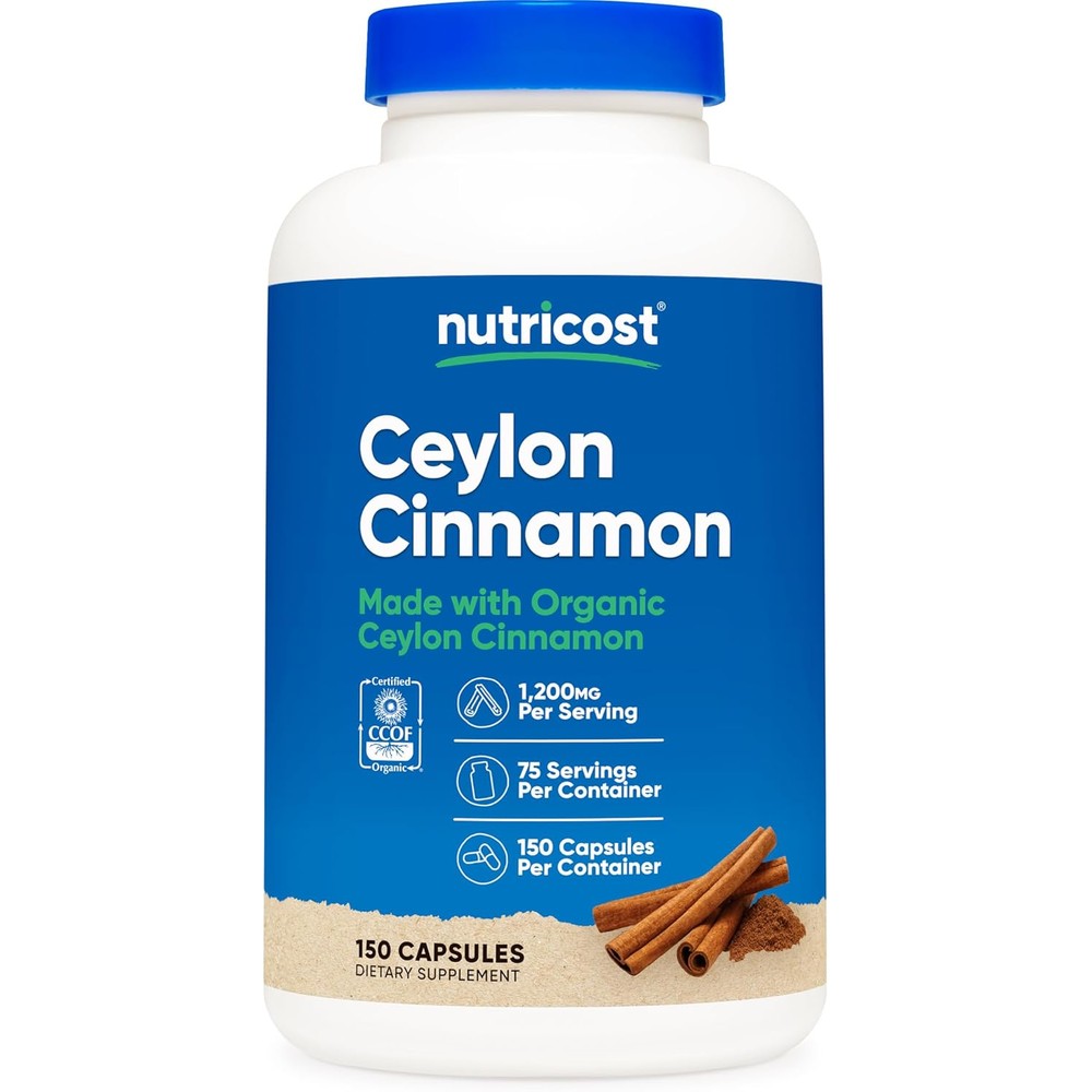 Nutricost Organic Ceylon Cinnamon 1200mg capsules bottle front view