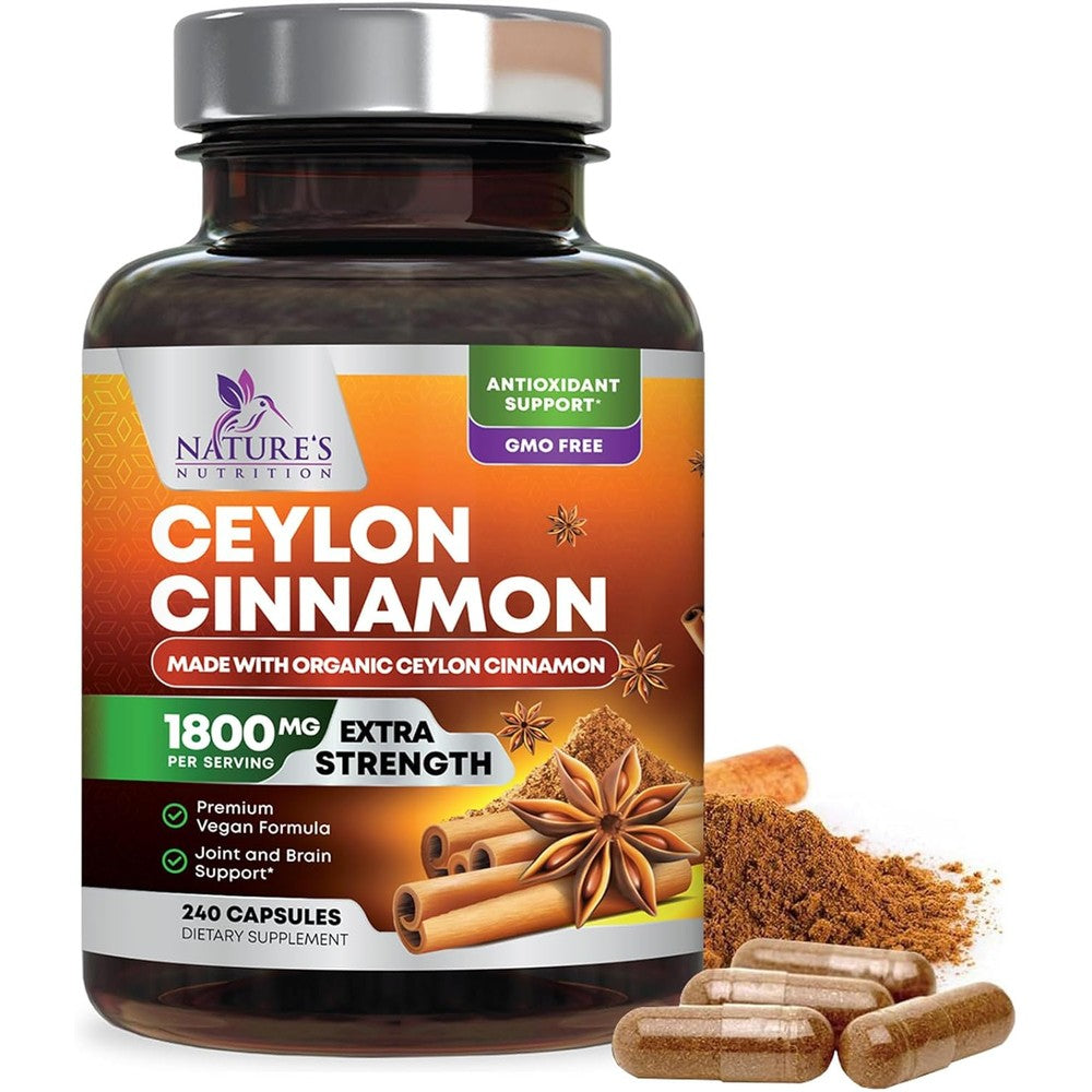 Nature's Nutrition Ceylon Cinnamon 1800mg supplement bottle front view